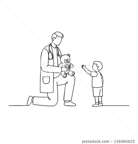 Doctor playing with child using teddy bear in pediatric care simple line art vector illustration 136860820