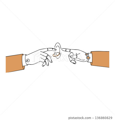 Two hands touching with modern rings and brown sleeves vector minimalistic continuous line art drawing 136860829