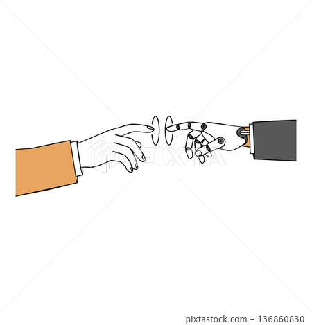 Human hand reaching out to robotic hand with connecting touch technology concept vector illustration 136860830