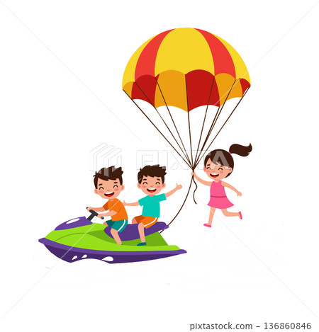 Children enjoying parasailing adventure with jet ski water sport activity in summer outdoors fun Children enjoying parasailing adventure with jet ski water sport activity in summer outdoors fun 136860846