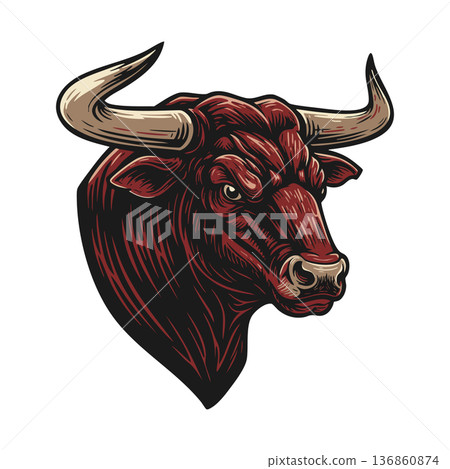 Bull head vector illustration with fierce red and brown colors and detailed horns design for strong animal concept Bull head vector illustration with fierce red and brown colors and detailed horns design for strong animal concept 136860874