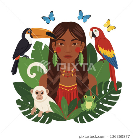 Indigenous woman with tropical birds monkey frog and butterflies surrounded by large green leaves vector illustration Indigenous woman with tropical birds monkey frog and butterflies surrounded by large green leaves vector illustration 136860877