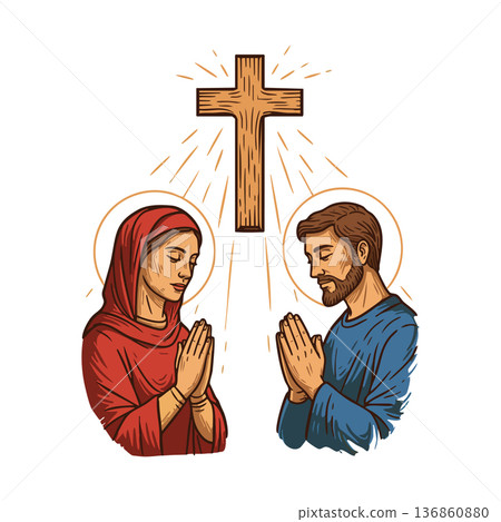 Christian praying man and woman with glowing cross in religious worship vector illustration 136860880