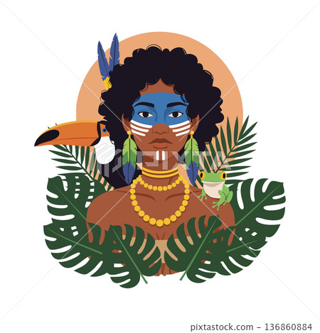 Tribal woman with face paint surrounded by tropical leaves toucan and frog cultural nature vector illustration 136860884