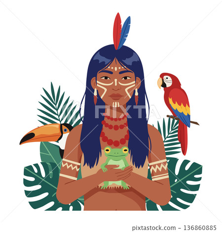 Indigenous woman with native face paint holding frog surrounded by tropical birds and leaves vector illustration 136860885