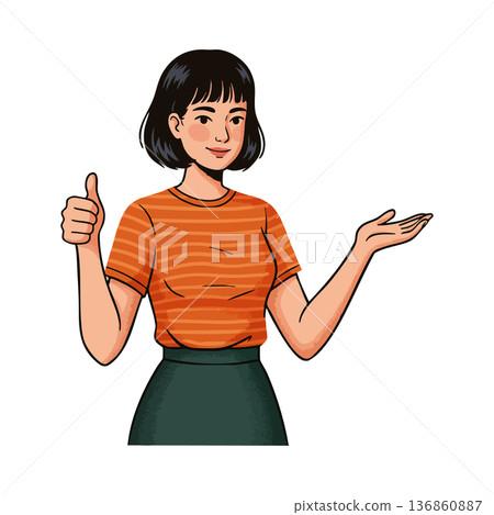 Young woman in orange striped shirt showing thumbs up and presenting with hand gesture smiling vector illustration Young woman in orange striped shirt showing thumbs up and presenting with hand gesture smiling vector illustration 136860887