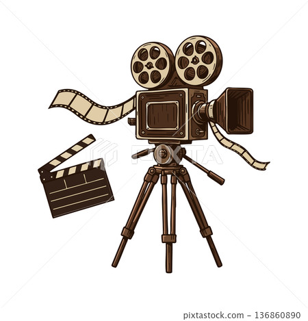 Vintage movie camera with film reel and clapperboard vector illustration for cinema and filmmaking design elements Vintage movie camera with film reel and clapperboard vector illustration for cinema and filmmaking design elements 136860890