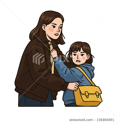 Mother protecting daughter holding yellow bag in casual clothing vector illustration of family care and concern Mother protecting daughter holding yellow bag in casual clothing vector illustration of family care and concern 136860891