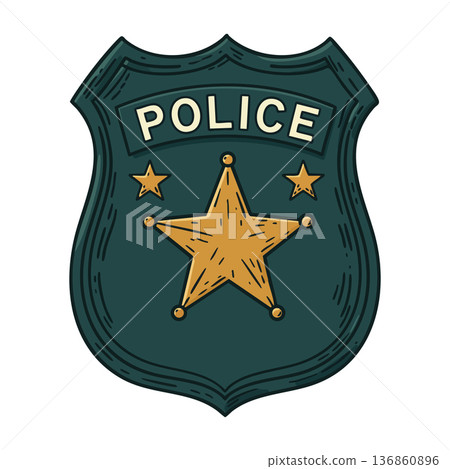 Police badge with golden star and two smaller stars on dark green shield symbolizing law enforcement authority and security Police badge with golden star and two smaller stars on dark green shield symbolizing law enforcement authority and security 136860896