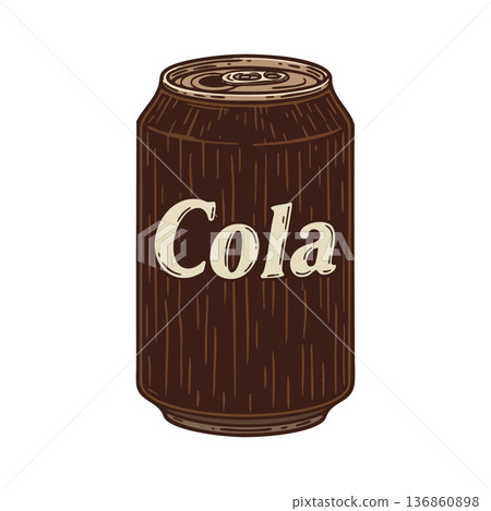 Cola drink can illustration in brown color with vintage style and textured design for beverage packaging and advertising Cola drink can illustration in brown color with vintage style and textured design for beverage packaging and advertising 136860898