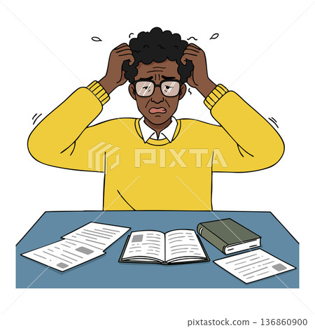 Stressed man wearing glasses and yellow sweater studying with books and papers at desk vector illustration 136860900