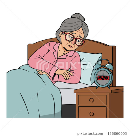 Elderly woman lying awake in bed looking at alarm clock struggling with insomnia vector illustration 136860903