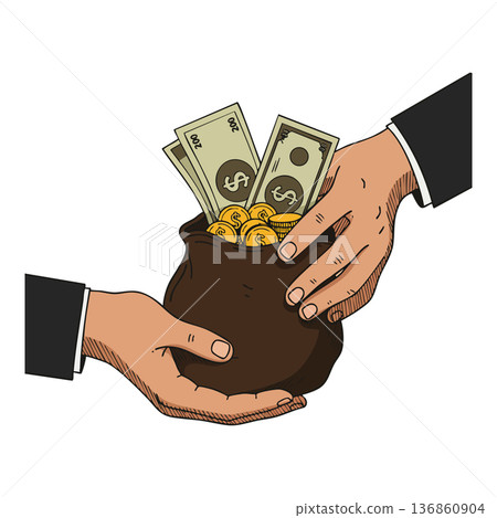 Hands exchanging money bag with coins and dollar bills financial transaction concept vector illustration 136860904