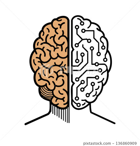 Human brain half biological half digital technology concept vector illustration for artificial intelligence and mind integration Human brain half biological half digital technology concept vector illustration for artificial intelligence and mind integration 136860909