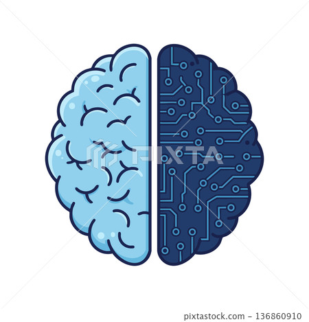 Brain split into human and digital circuit parts symbolizing artificial intelligence and human cognition integration vector illustration Brain split into human and digital circuit parts symbolizing artificial intelligence and human cognition integration vector illustration 136860910