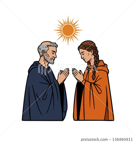 Elderly man and young woman praying with sun above in peaceful spiritual moment vector illustration Elderly man and young woman praying with sun above in peaceful spiritual moment vector illustration 136860911