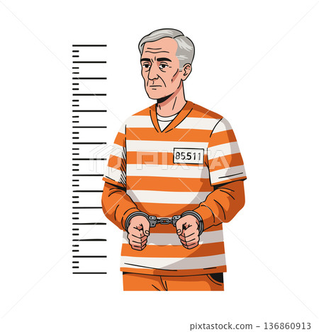 Elderly male prisoner in orange striped uniform with handcuffs and identification number standing by height measurement vector illustration Elderly male prisoner in orange striped uniform with handcuffs and identification number standing by height measurement vector illustration 136860913