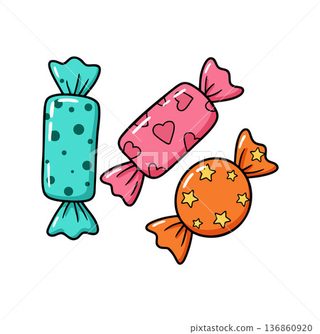 Colorful wrapped candies with hearts stars and dots in bright pink orange and turquoise vector illustration for sweet treats and fun designs Colorful wrapped candies with hearts stars and dots in bright pink orange and turquoise vector illustration for sweet treats and fun designs 136860920