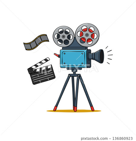 Vintage film camera with film reel and clapperboard vector illustration for movie production and cinema design Vintage film camera with film reel and clapperboard vector illustration for movie production and cinema design 136860923