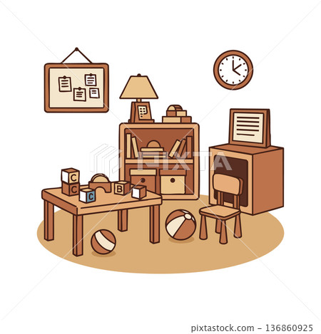 Childrens classroom playroom with wooden toys educational blocks and furniture in warm brown tones vector illustration Childrens classroom playroom with wooden toys educational blocks and furniture in warm brown tones vector illustration 136860925
