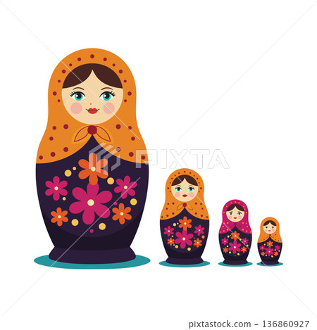 Matryoshka Russian nesting dolls vector with floral decoration traditional folk art design collection Matryoshka Russian nesting dolls vector with floral decoration traditional folk art design collection 136860927