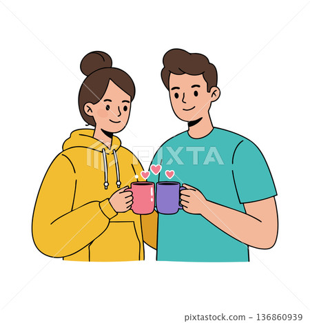 Young couple enjoying coffee together with pink and purple mugs in casual clothing vector illustration Young couple enjoying coffee together with pink and purple mugs in casual clothing vector illustration 136860939