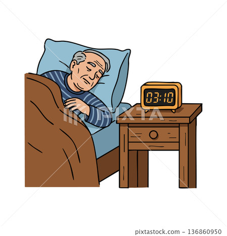 Elderly man sleeping peacefully in bed with digital clock showing early morning time vector illustration 136860950