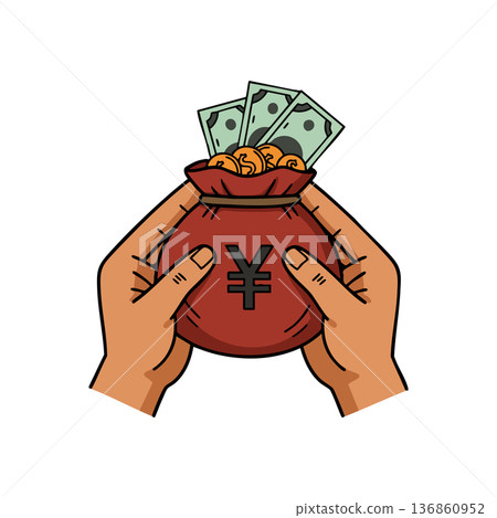 Hands holding money bag with yen symbol and coins and bills financial wealth concept vector illustration 136860952