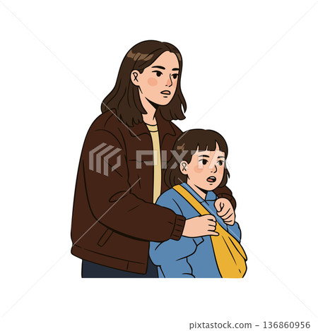 Woman comforting child with yellow bag in casual jackets emotional family support and care vector illustration 136860956