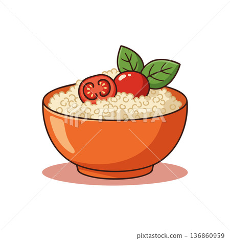 Quinoa bowl with fresh tomato and green leaves healthy vegetarian food vector illustration Quinoa bowl with fresh tomato and green leaves healthy vegetarian food vector illustration 136860959