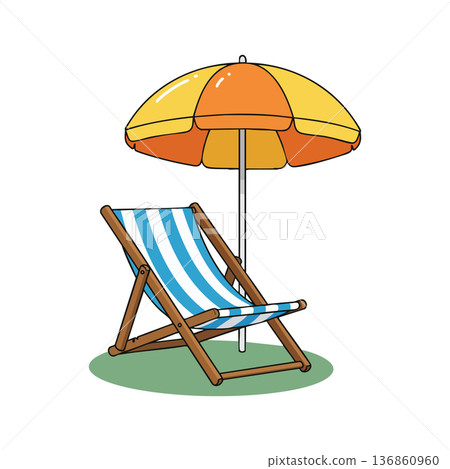 Beach chair with striped blue and white fabric next to yellow and orange sun umbrella summer relaxation design vector illustration Beach chair with striped blue and white fabric next to yellow and orange sun umbrella summer relaxation design vector illustration 136860960