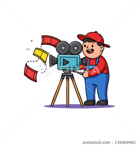 Young boy filming with vintage movie camera wearing red cap and blue overalls vector illustration 136860962