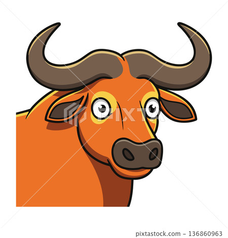 Buffalo head cartoon vector with large horns and bright orange color for wildlife and nature designs 136860963
