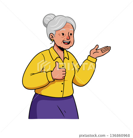 Elderly woman giving thumbs up wearing yellow shirt and purple skirt vector illustration in positive gesture and happy expression 136860968