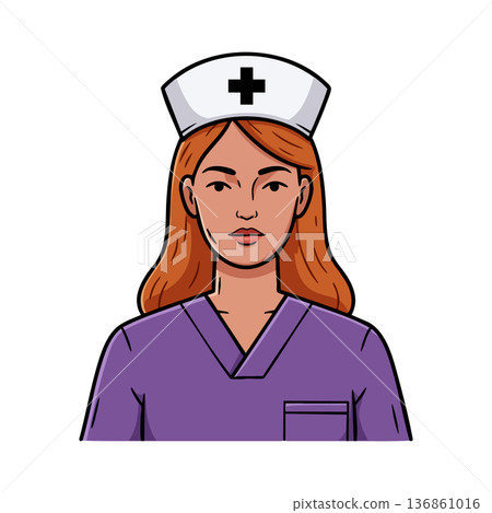 Nurse with red hair in purple uniform and white cap medical professional healthcare vector illustration 136861016