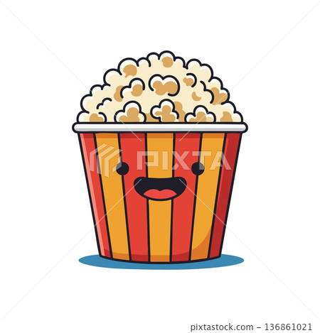 Cute cartoon popcorn bucket with smiling face and red yellow stripes vector illustration snack food design Cute cartoon popcorn bucket with smiling face and red yellow stripes vector illustration snack food design 136861021