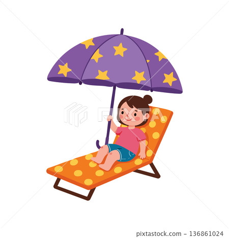 Girl sitting on orange polka dot lounge chair holding purple star umbrella vector illustration Girl sitting on orange polka dot lounge chair holding purple star umbrella vector illustration 136861024