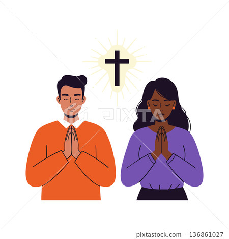 Praying man and woman with Christian cross symbol faith and spirituality vector illustration 136861027