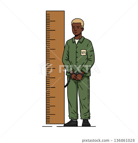 Prisoner standing in front of height measurement chart wearing green uniform handcuffed vector illustration 136861028
