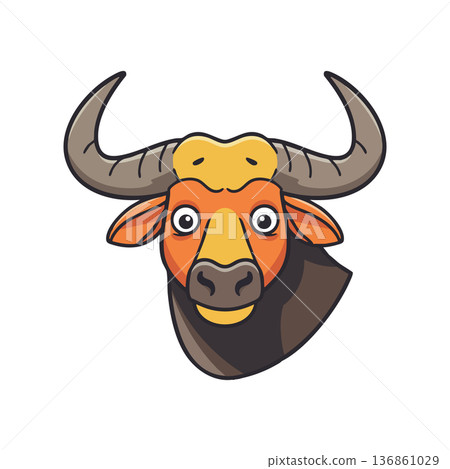 Buffalo head cartoon vector with big horns and friendly expression for wildlife and animal design projects 136861029