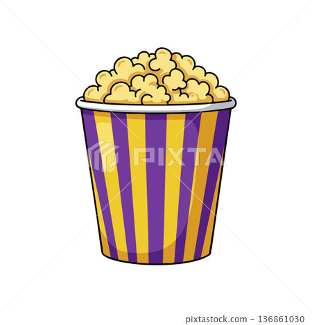 Popcorn bucket with striped purple and yellow design perfect for movie snacks and cinema treats vector illustration Popcorn bucket with striped purple and yellow design perfect for movie snacks and cinema treats vector illustration 136861030