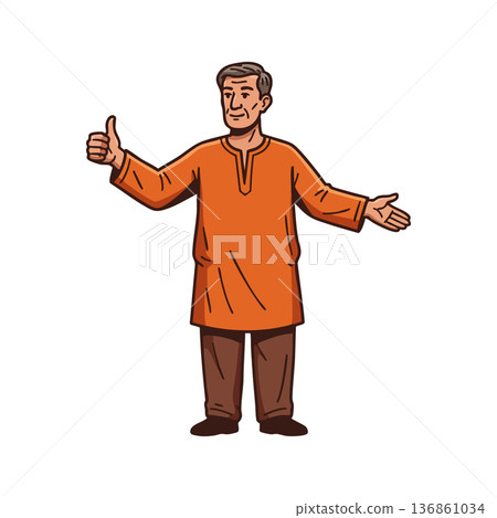 Elderly man wearing orange traditional shirt giving thumbs up and welcoming gesture vector illustration Elderly man wearing orange traditional shirt giving thumbs up and welcoming gesture vector illustration 136861034