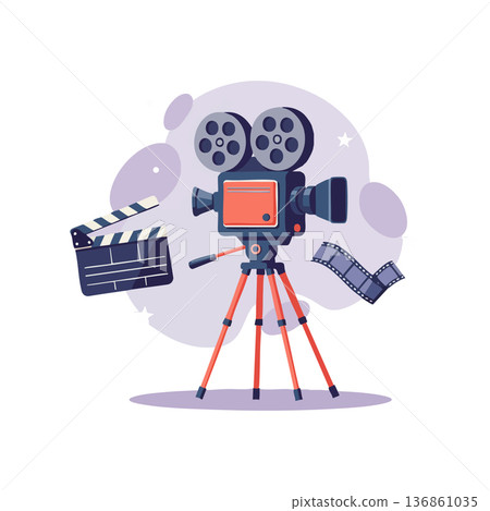 Vintage movie camera with tripod film reel and clapperboard vector illustration in purple and orange tones 136861035
