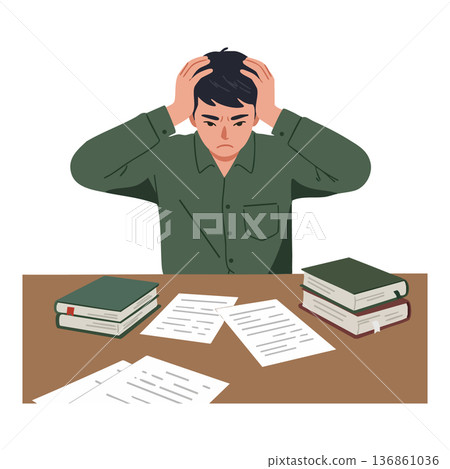 Young man stressed studying with books and papers feeling overwhelmed with homework pressure vector illustration 136861036