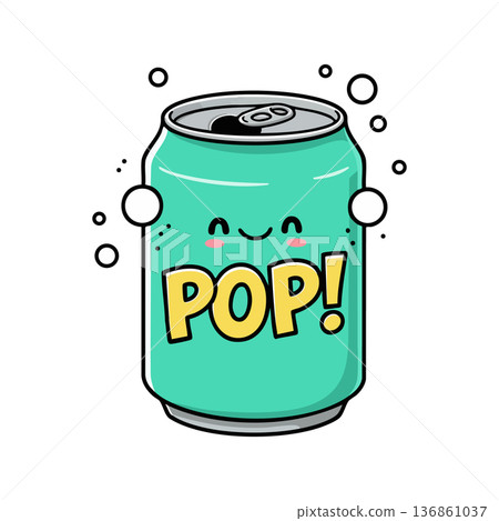 Cute smiling soda can with pop text comic style cartoon vector illustration for fun beverage design Cute smiling soda can with pop text comic style cartoon vector illustration for fun beverage design 136861037