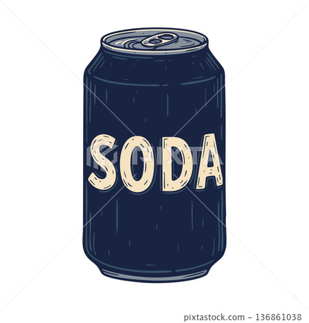 Dark blue soda can with vintage style lettering and metallic top vector illustration for beverage design and refreshment marketing 136861038