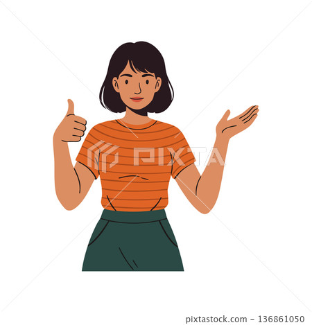 Woman with thumbs up gesture and open hand wearing orange striped shirt and green pants vector illustration 136861050