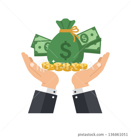 Money bag with coins and dollar bills held by hands symbolizing wealth and financial success concept illustration vector 136861051
