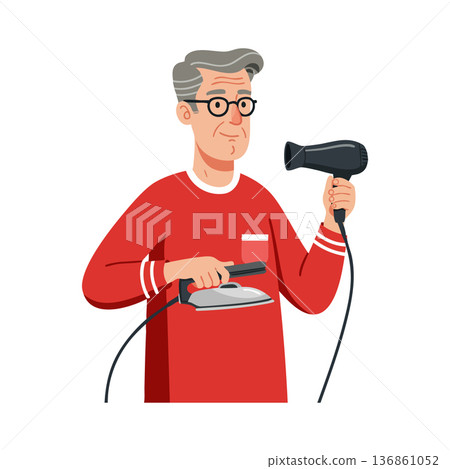 Older man holding iron and hairdryer preparing for grooming routine in red sweater vector illustration Older man holding iron and hairdryer preparing for grooming routine in red sweater vector illustration 136861052