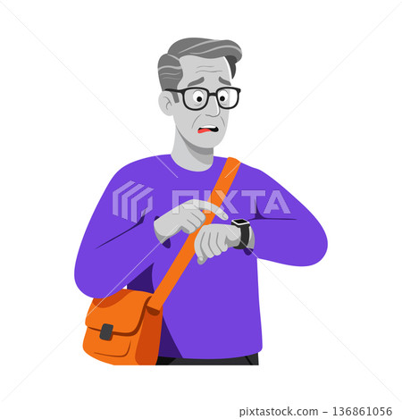 Older man looking worried checking time on smartwatch with orange bag and purple sweater vector illustration Older man looking worried checking time on smartwatch with orange bag and purple sweater vector illustration 136861056
